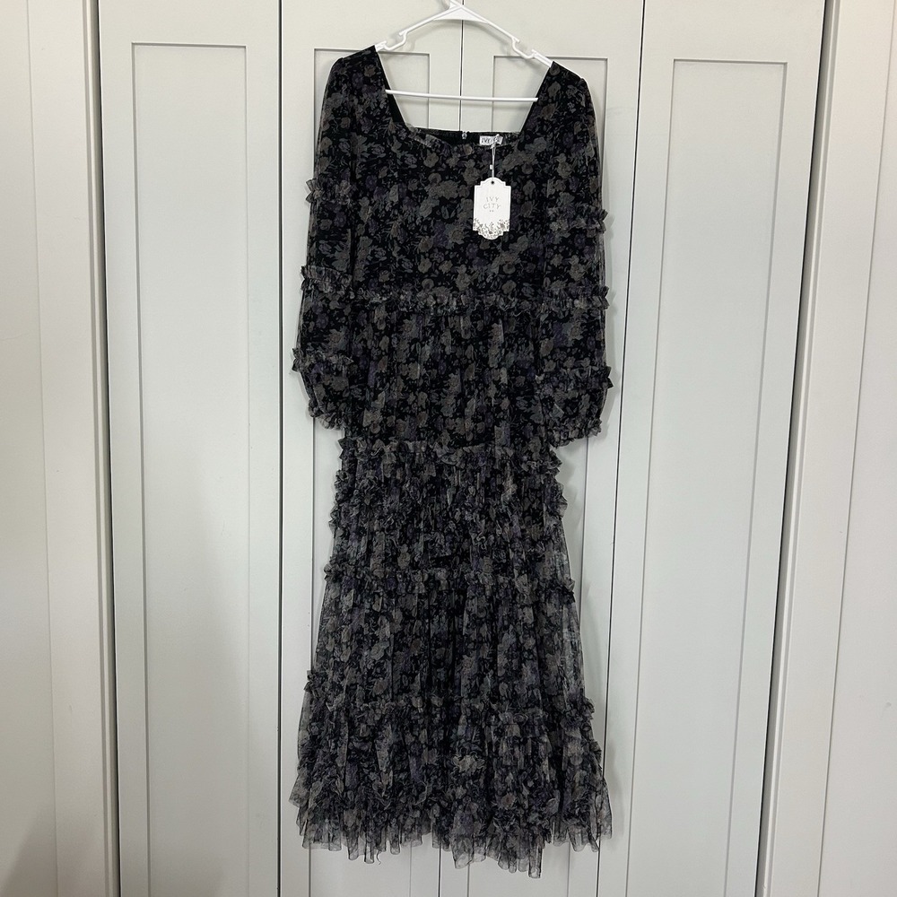 Ivy City Dress Womens Small Catherine Floral Black Purple Chiffon Midi Boho